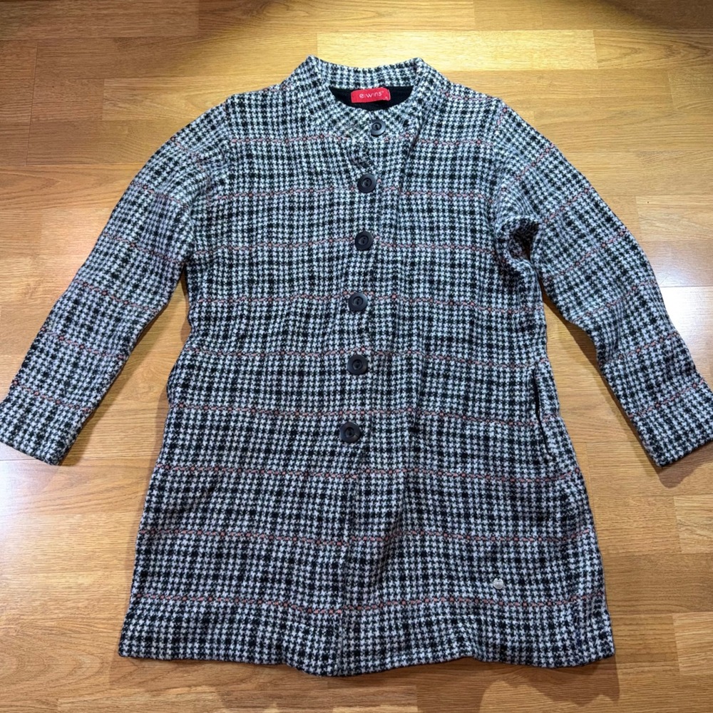 Eiwins Womens XL Houndstooth Longline Button Front Cardigan Sweater Black White